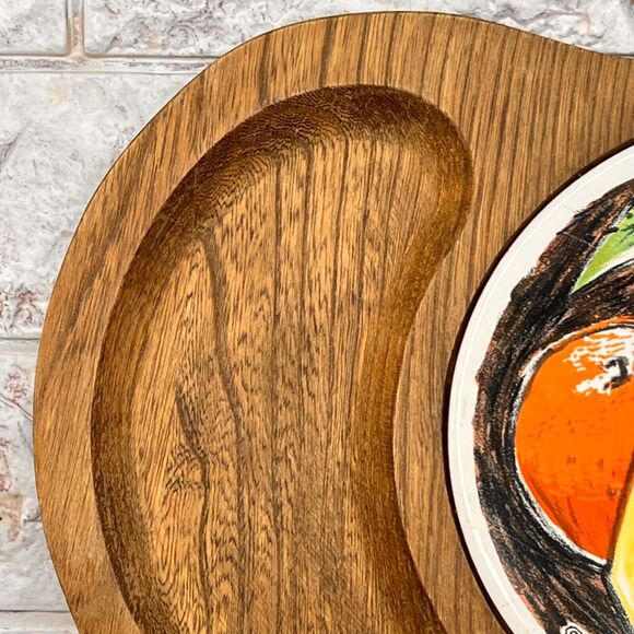 Vintage Wood Cheese Board Server Ceramic Tile Signed Fred Press Sere Fruit MCM - Picture 4 of 7